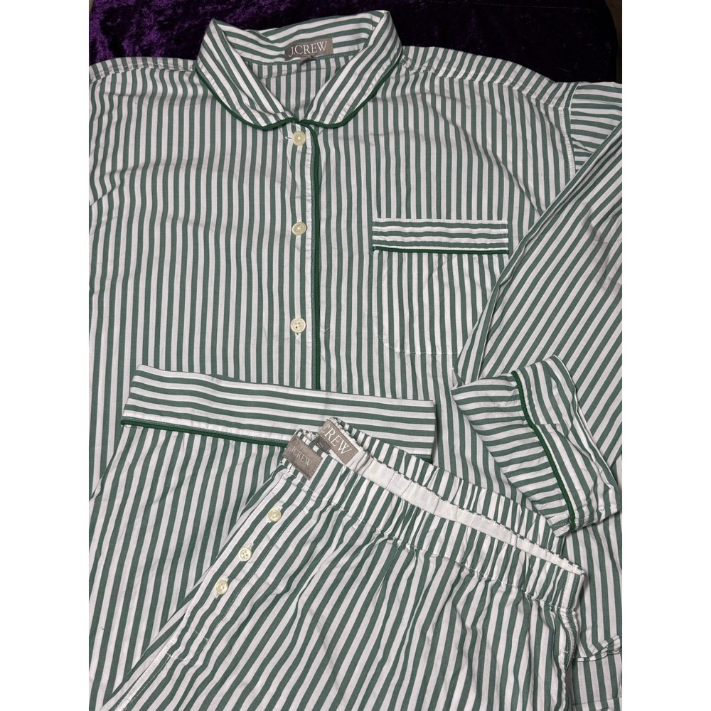 J Crew Poplin Pajamas Set Womens XXL Cotton Green Striped 2XL HTF Pants Top PJs - Picture 3 of 14